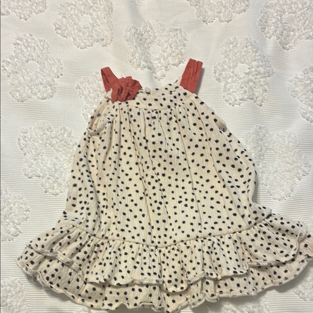 Mayoral Cream and Black Polka Dot Dress with Coral Straps